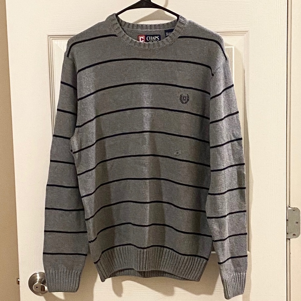 Chaps Gray Blue Striped Crew Neck Sweater NWT